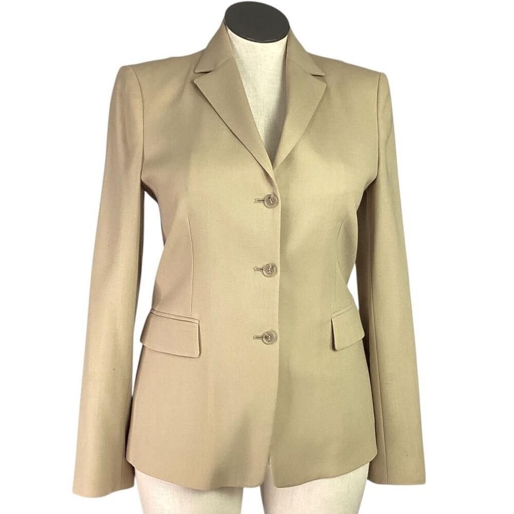 J Crew Boyfriend Blazer Women 12T Beige Wool Lined Long Sleeve Pockets Jacket